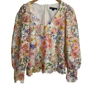 Boston Proper Womens Floral Puff Sleeve Eyelet Lace blouse Small Dainty Cottage